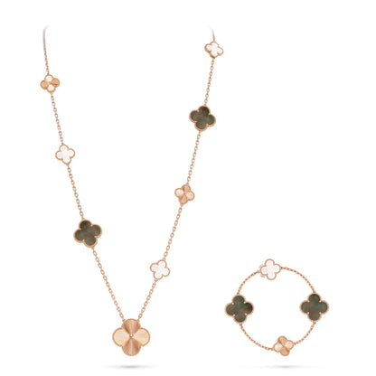 [Eternal Jewelry]DETACHABLE CLOVER 15(11+4) FLOWER ROSE GOLD NECKLACE SET